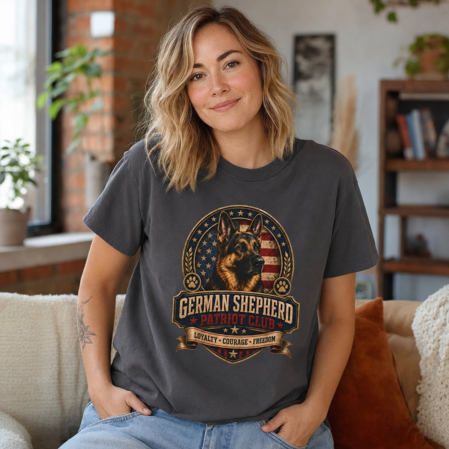Woman wearing a graphite German Shepherd Patriot Club T-shirt in a casual loft home setting.