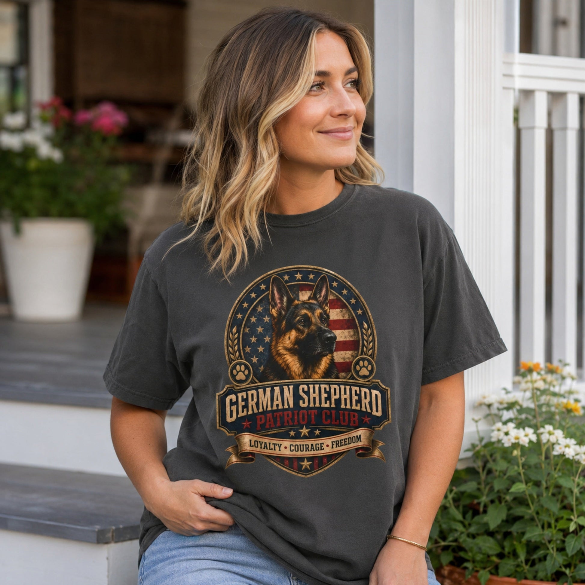Woman wearing a graphite German Shepherd Patriot Club T-shirt in a relaxed porch lifestyle setting.