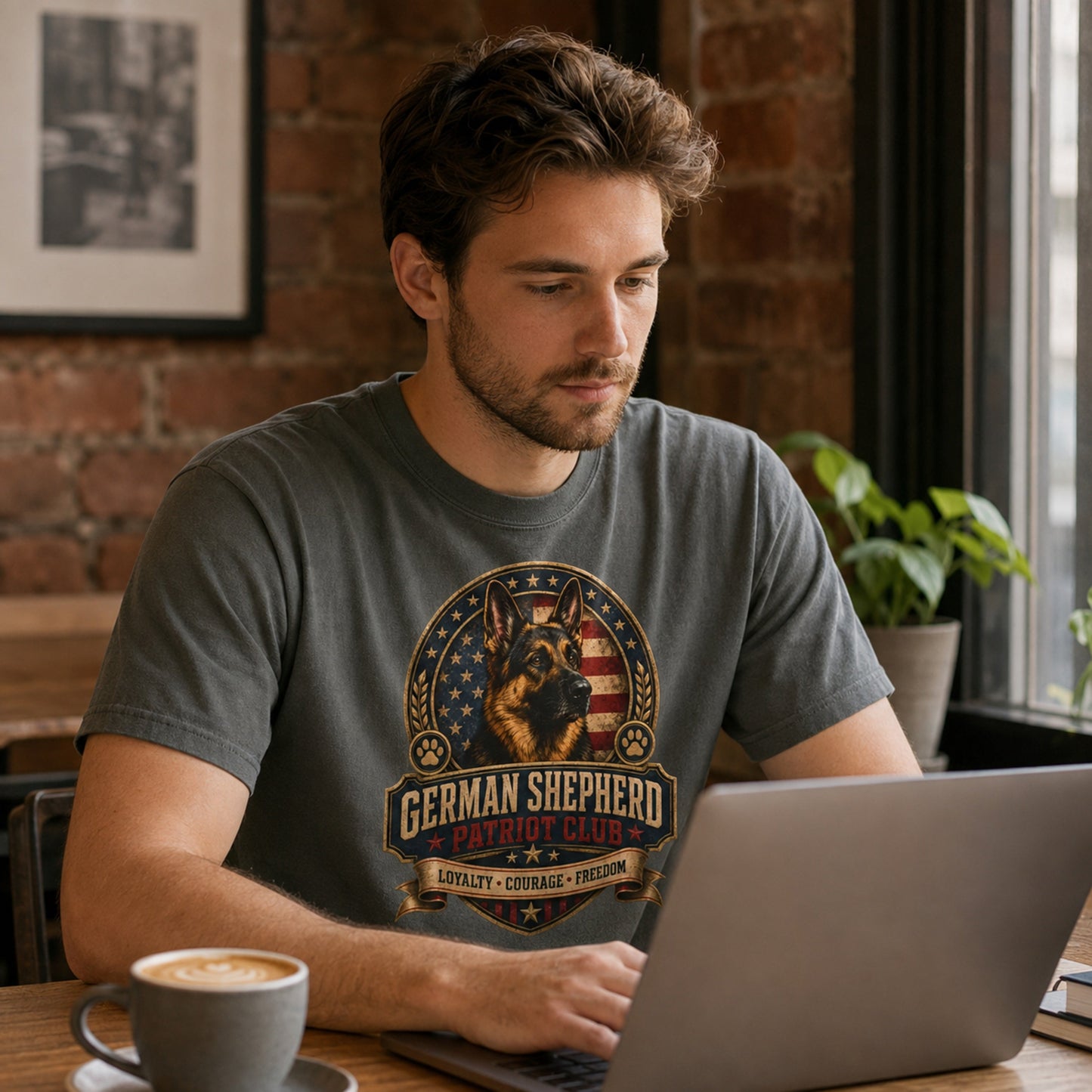 Man wearing a pepper German Shepherd Patriot Club T-shirt with coffee and laptop in a lifestyle setting.