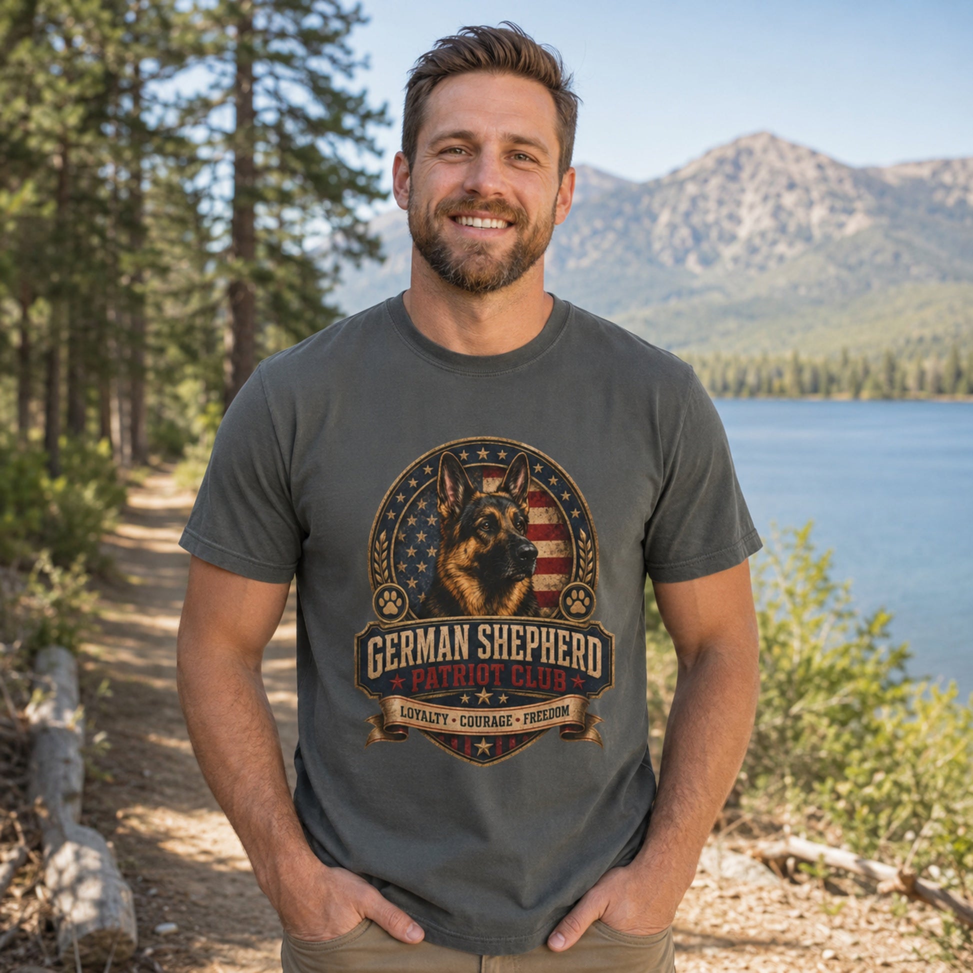 Man wearing a pepper German Shepherd Patriot Club T-shirt on a lakeside trail.