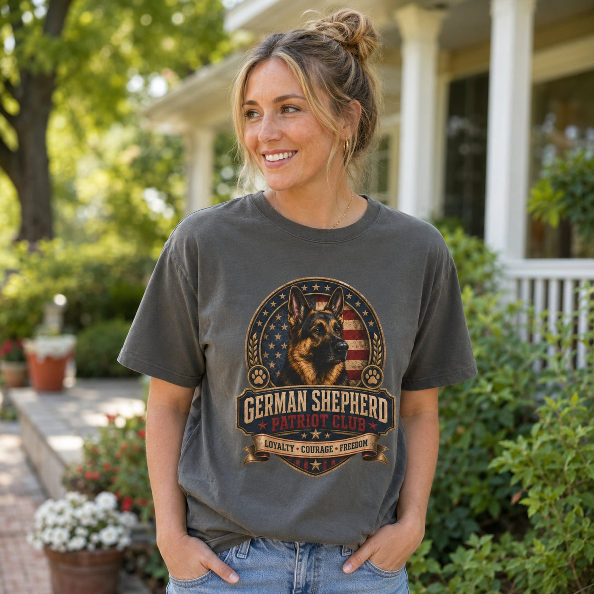 Woman wearing a pepper German Shepherd Patriot Club T-shirt in a relaxed garden porch lifestyle setting.