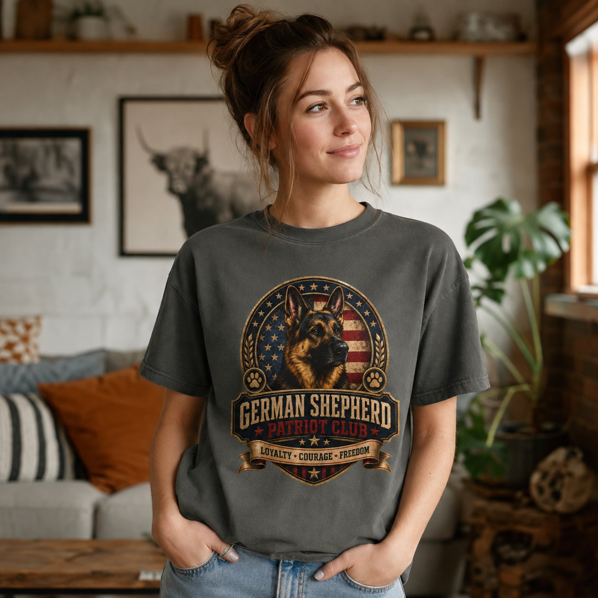 Woman wearing a pepper German Shepherd Patriot Club T-shirt in a casual indoor home setting.