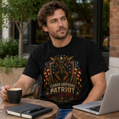 Man wearing a black German Shepherd Patriot Guard t-shirt with a German Shepherd at a cafe