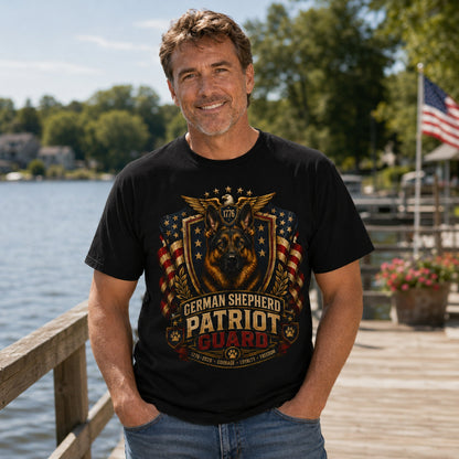 Man wearing a black German Shepherd Patriot Guard t-shirt with a German Shepherd on a lakeside boardwalk
