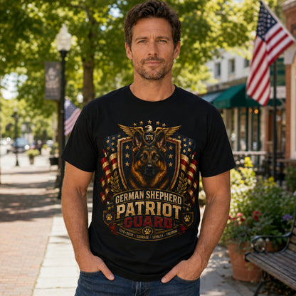Man wearing a black German Shepherd Patriot Guard t-shirt with a German Shepherd on a town street