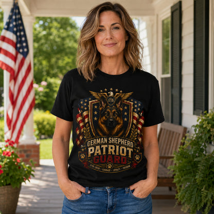 Woman wearing a black German Shepherd Patriot Guard t-shirt with a German Shepherd on a porch