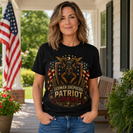 Woman wearing a black German Shepherd Patriot Guard t-shirt with a German Shepherd on a porch
