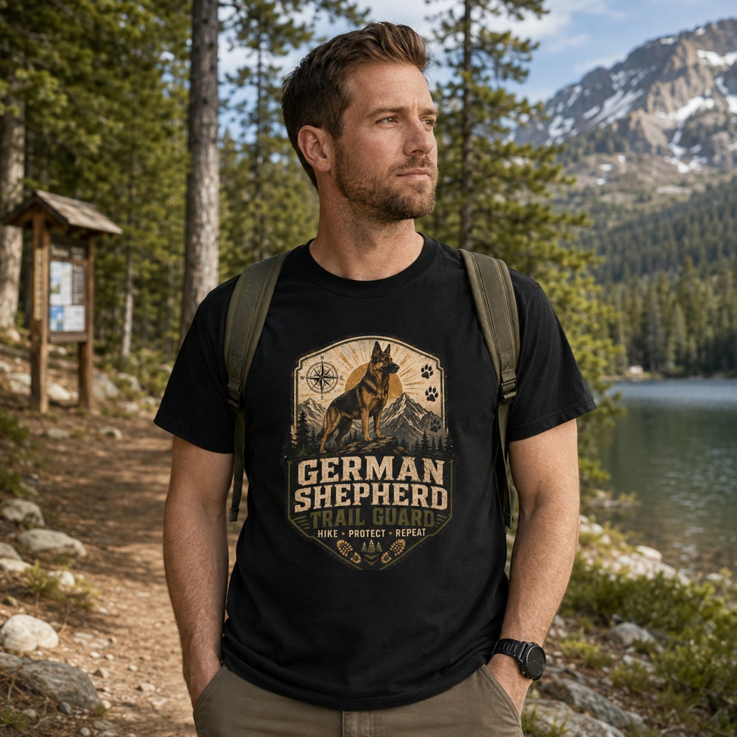 Man wearing a black German Shepherd Trail Guard T-shirt on a lakeside hiking trail.