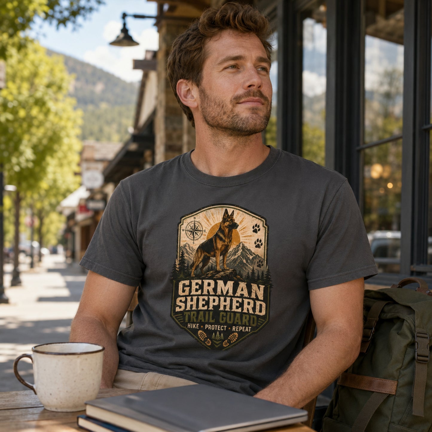 Man wearing a graphite German Shepherd Trail Guard T-shirt at an outdoor cafe with coffee, books, and a laptop nearby.