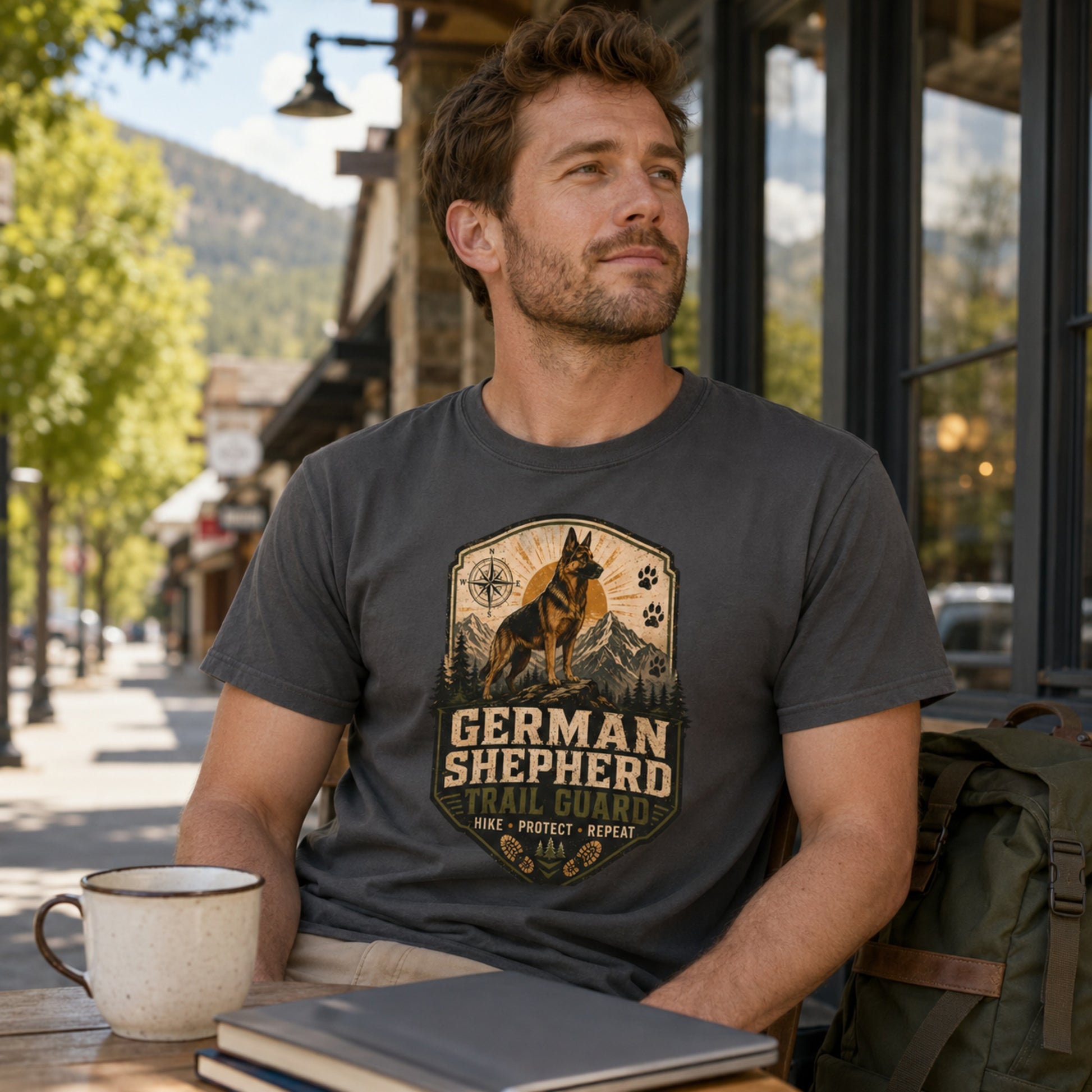 Man wearing a graphite German Shepherd Trail Guard T-shirt at an outdoor cafe with coffee, books, and a laptop nearby.