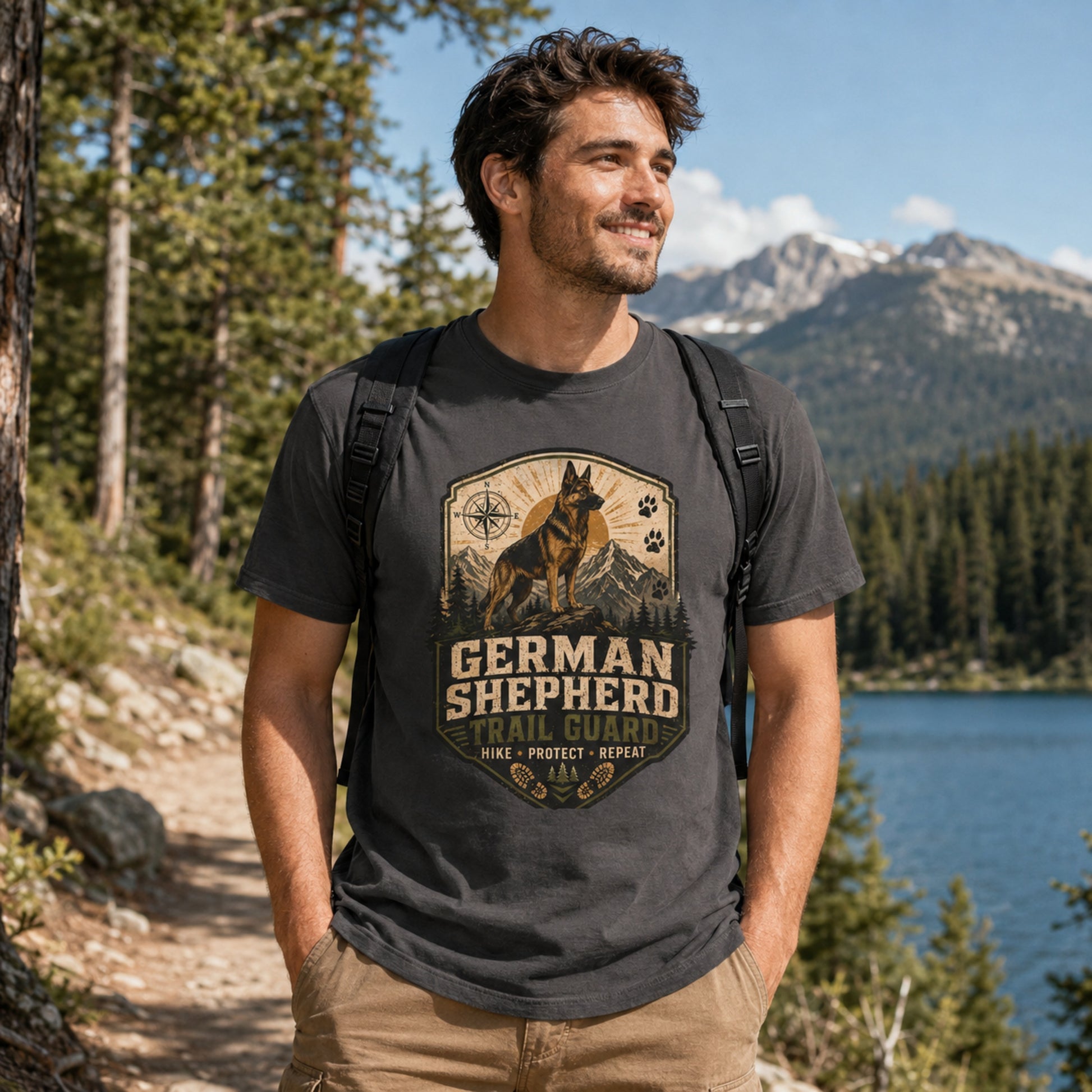 Man wearing a graphite German Shepherd Trail Guard T-shirt on a lakeside hiking trail.