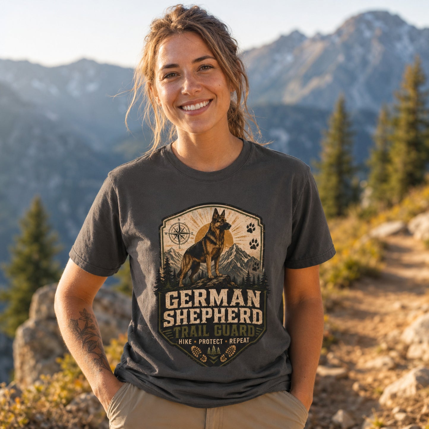 Woman wearing a graphite German Shepherd Trail Guard T-shirt on a mountain trail.