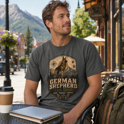 Man wearing a pepper German Shepherd Trail Guard T-shirt at an outdoor cafe with coffee, laptop, and bag nearby.