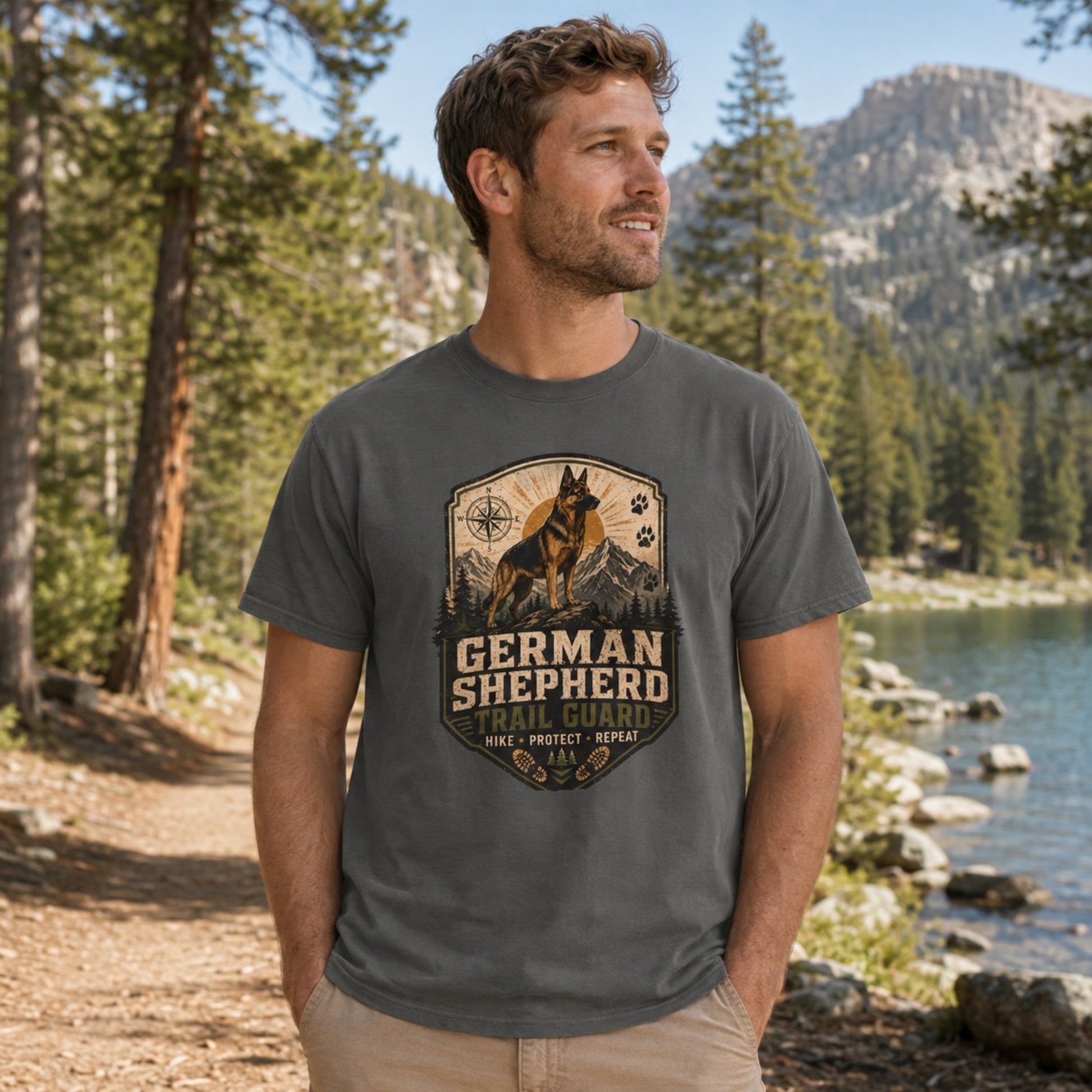 Man wearing a pepper German Shepherd Trail Guard T-shirt on a lakeside hiking trail.