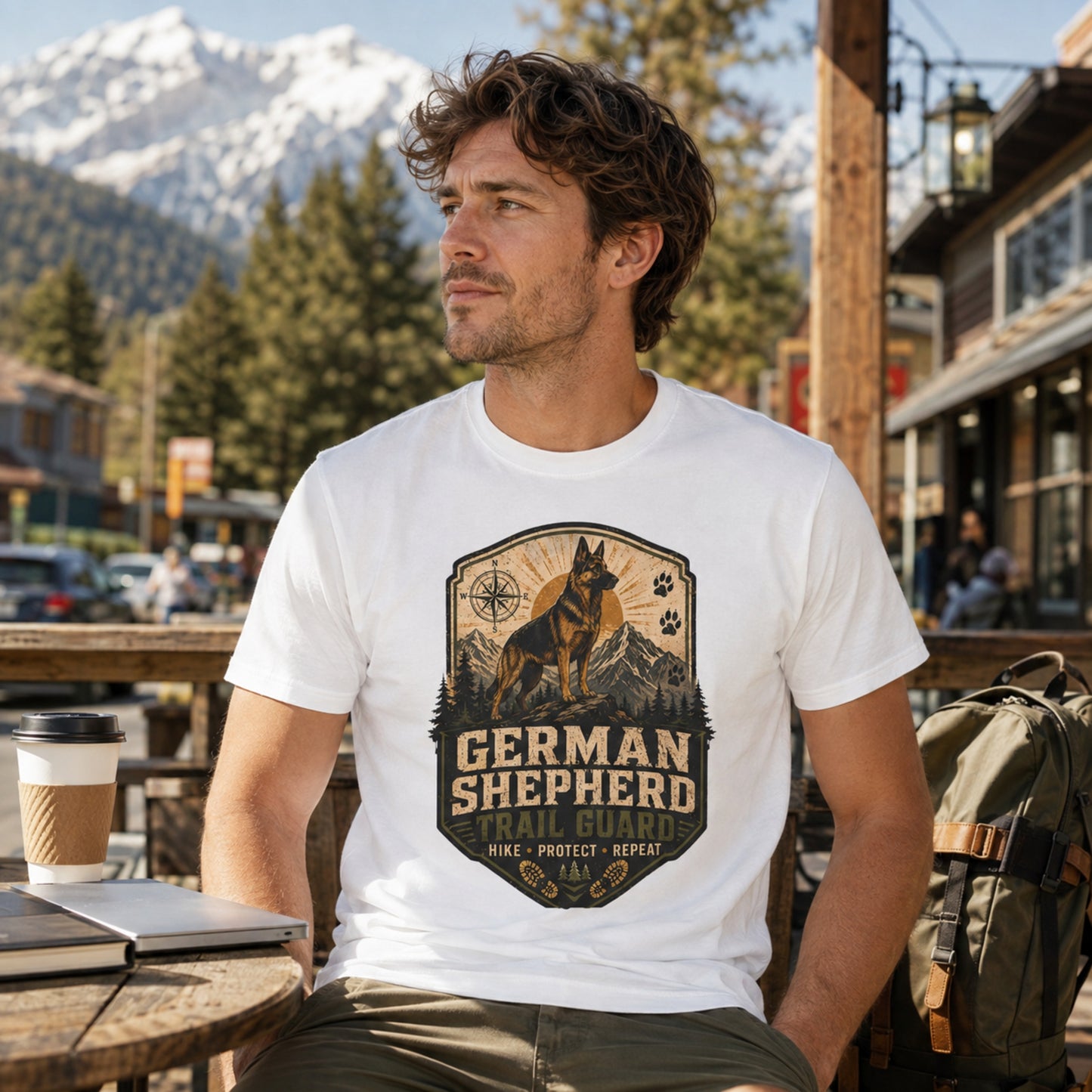Man wearing a white German Shepherd Trail Guard T-shirt at an outdoor cafe with coffee, laptop, and bag nearby.
