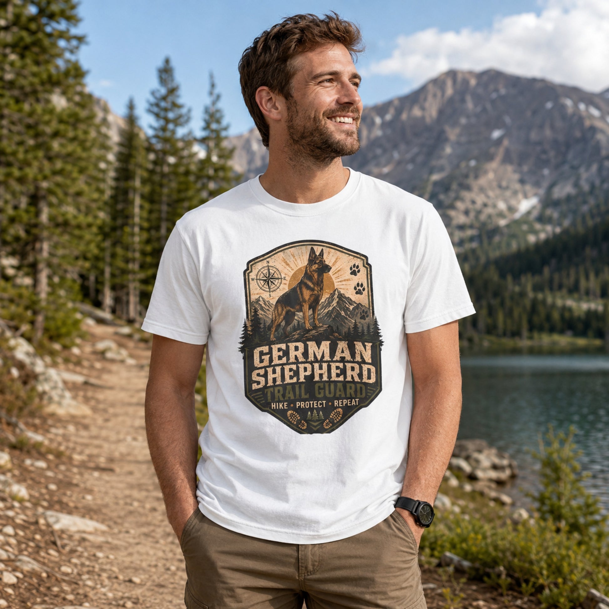 Man wearing a white German Shepherd Trail Guard T-shirt on a lakeside hiking trail.