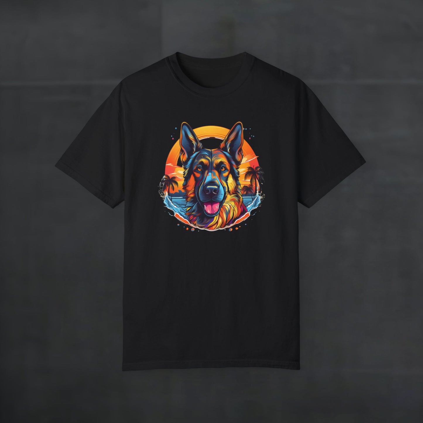 Black 'German Shepherd Tropical Vibes' t-shirt shown flat, featuring tropical sunset dog graphic