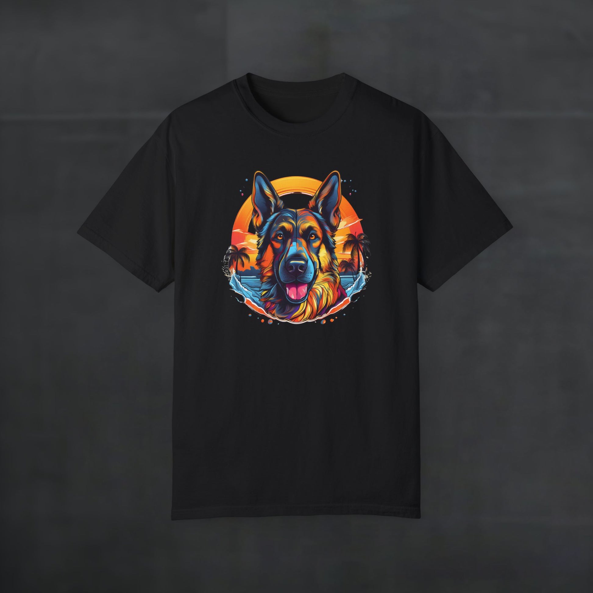 Black 'German Shepherd Tropical Vibes' t-shirt shown flat, featuring tropical sunset dog graphic