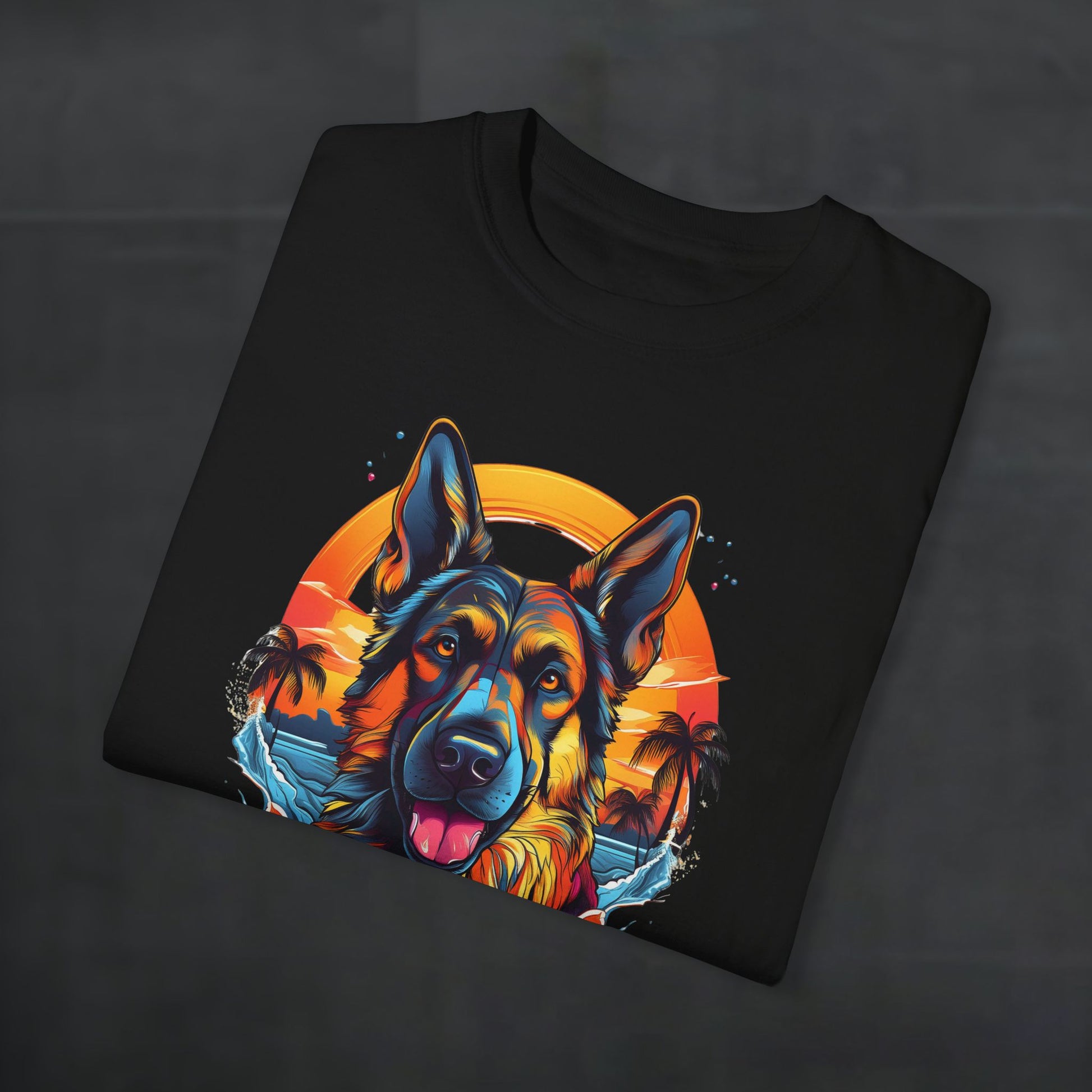 Folded black 'German Shepherd Tropical Vibes' t-shirt with tropical sunset dog graphic