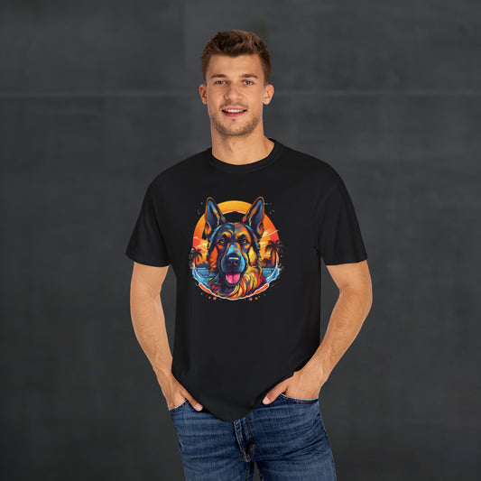 Man wearing black 'German Shepherd Tropical Vibes' t-shirt with tropical sunset dog graphic