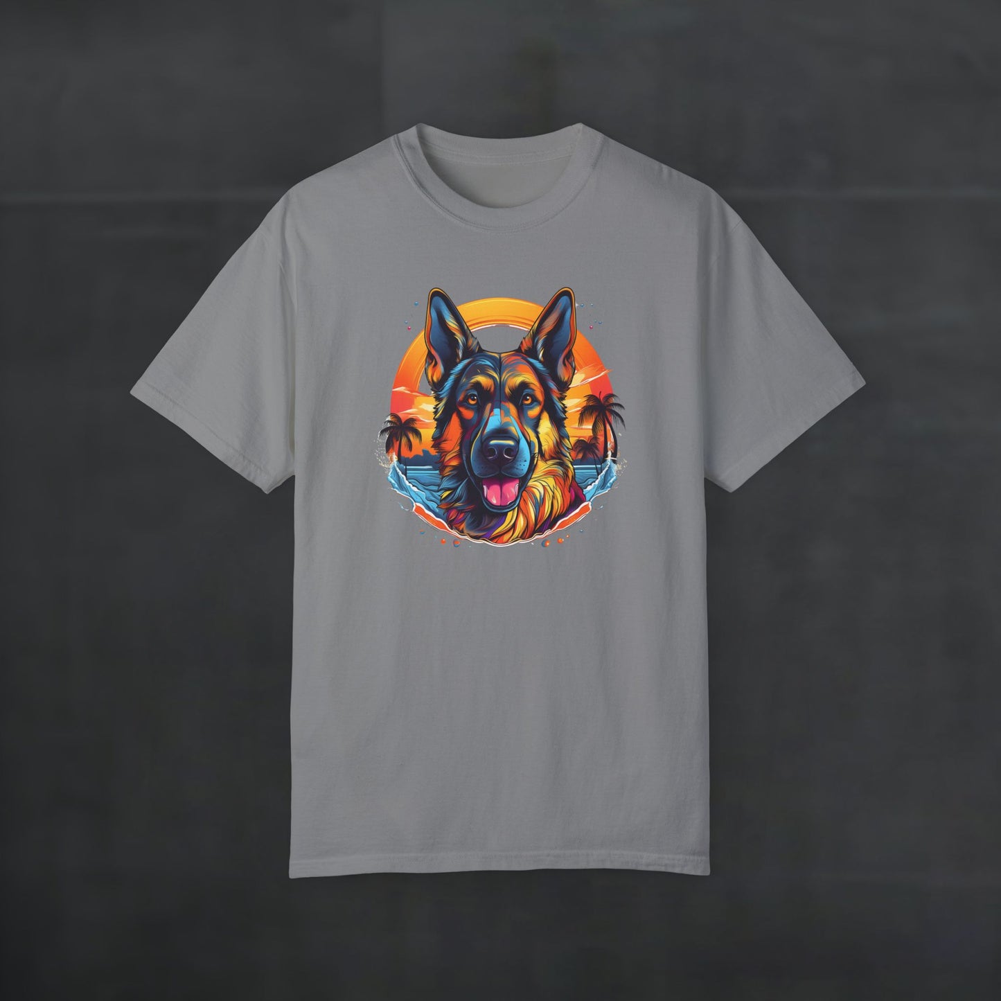Grey 'German Shepherd Tropical Vibes' t-shirt shown flat, featuring tropical sunset dog graphic