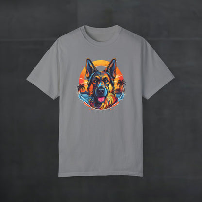 Grey 'German Shepherd Tropical Vibes' t-shirt shown flat, featuring tropical sunset dog graphic