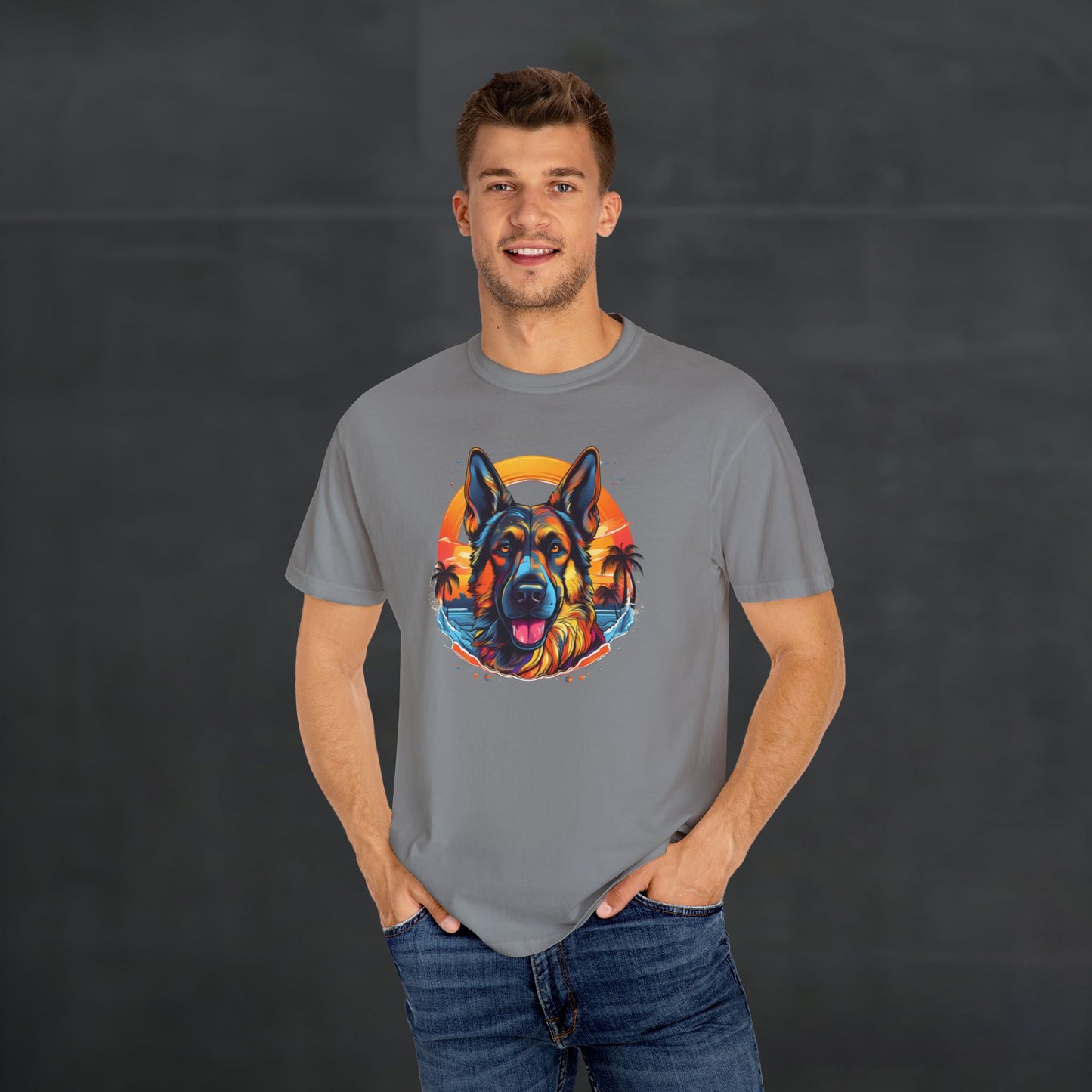 Man wearing grey 'German Shepherd Tropical Vibes' t-shirt with tropical sunset dog graphic