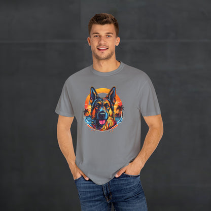 Man wearing grey 'German Shepherd Tropical Vibes' t-shirt with tropical sunset dog graphic