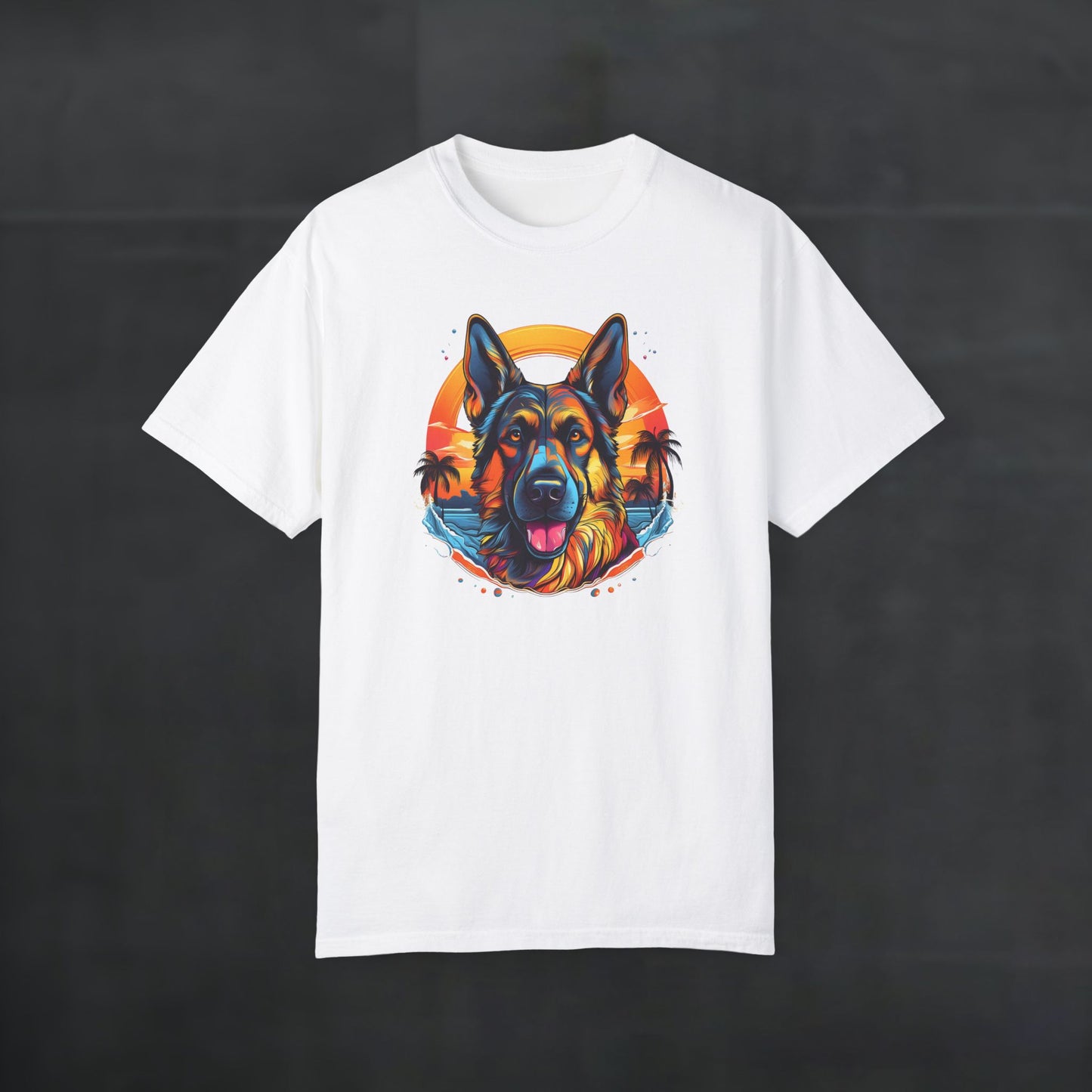 White 'German Shepherd Tropical Vibes' t-shirt shown flat, featuring tropical sunset dog graphic