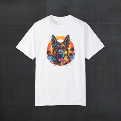 White 'German Shepherd Tropical Vibes' t-shirt shown flat, featuring tropical sunset dog graphic