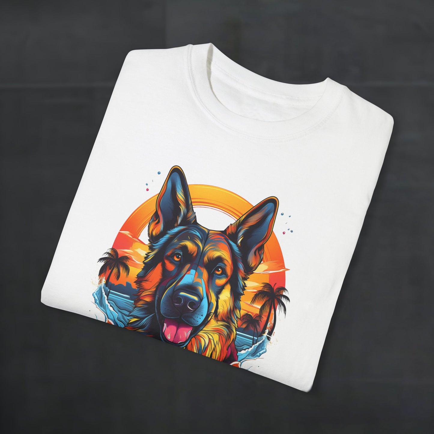Folded white 'German Shepherd Tropical Vibes' t-shirt with tropical sunset dog graphic