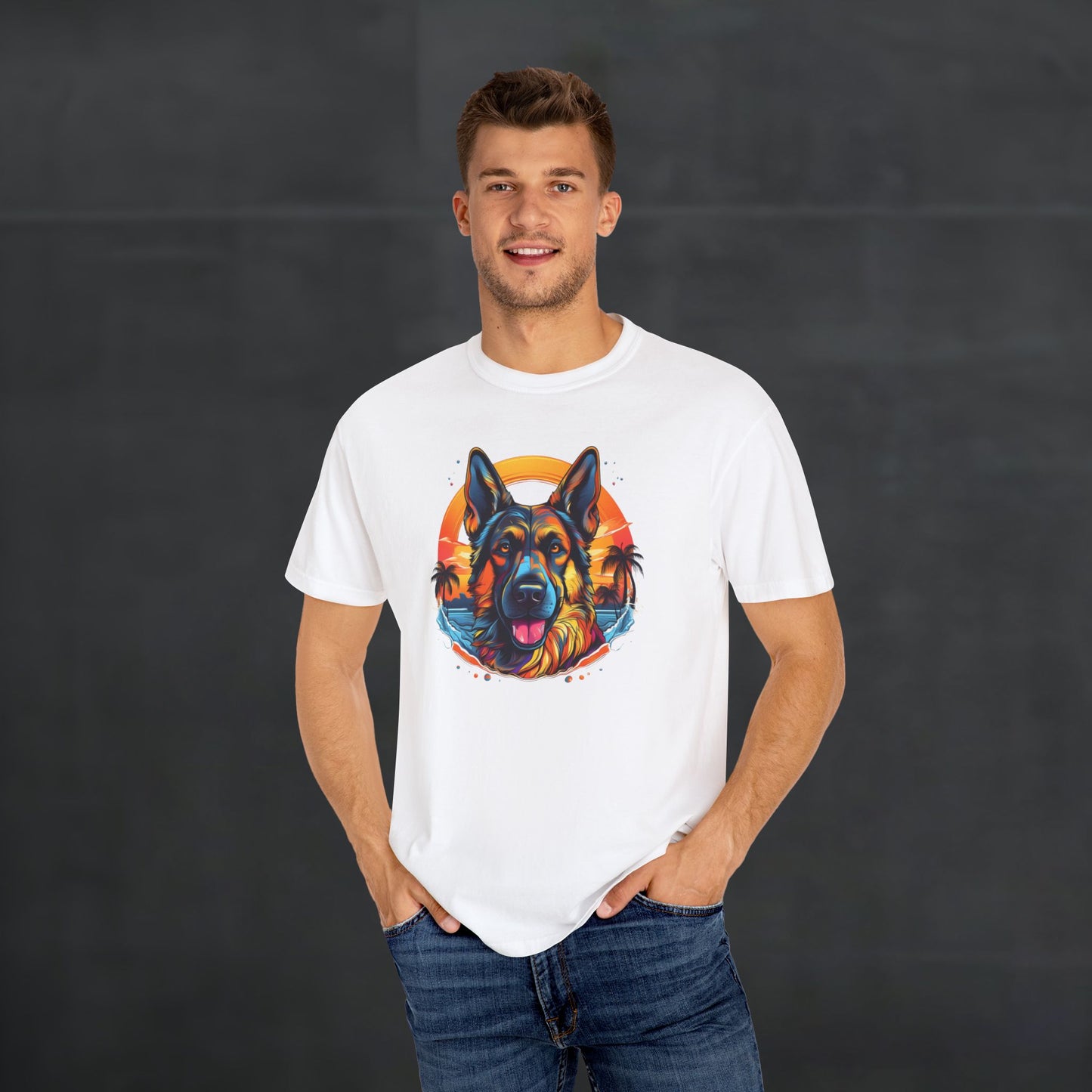 Man wearing white 'German Shepherd Tropical Vibes' t-shirt with tropical sunset dog graphic
