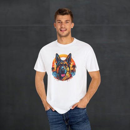 Man wearing white 'German Shepherd Tropical Vibes' t-shirt with tropical sunset dog graphic