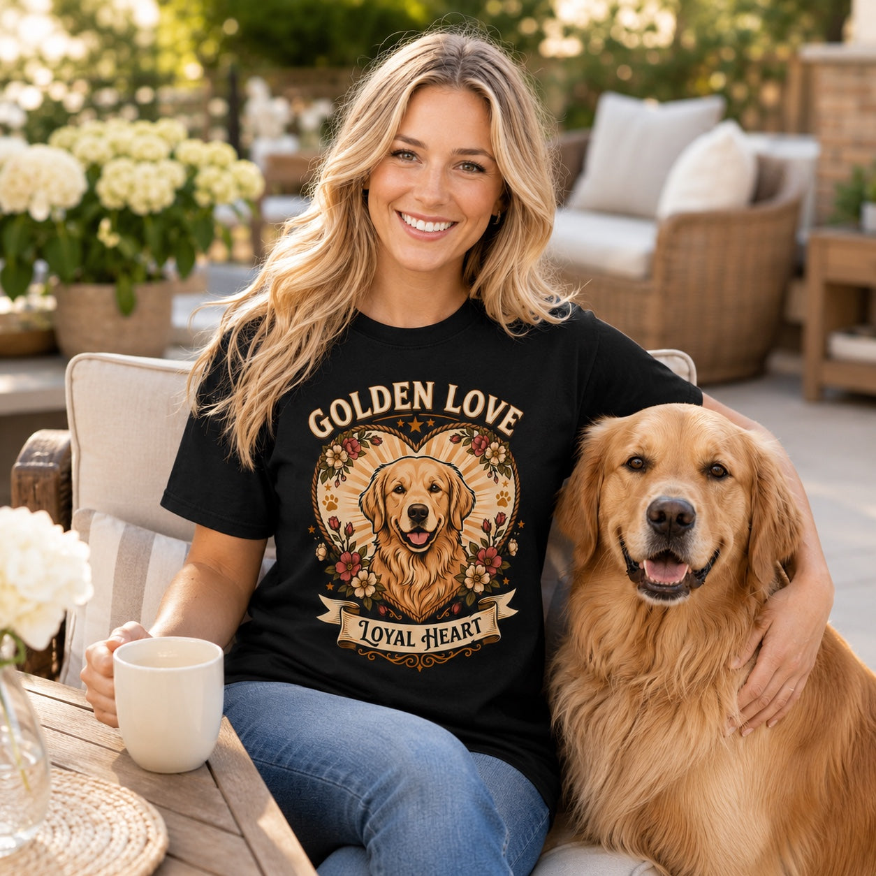 Man sitting on a porch with his golden retriever, wearing black 'Golden Love Loyal Heart' t-shirt