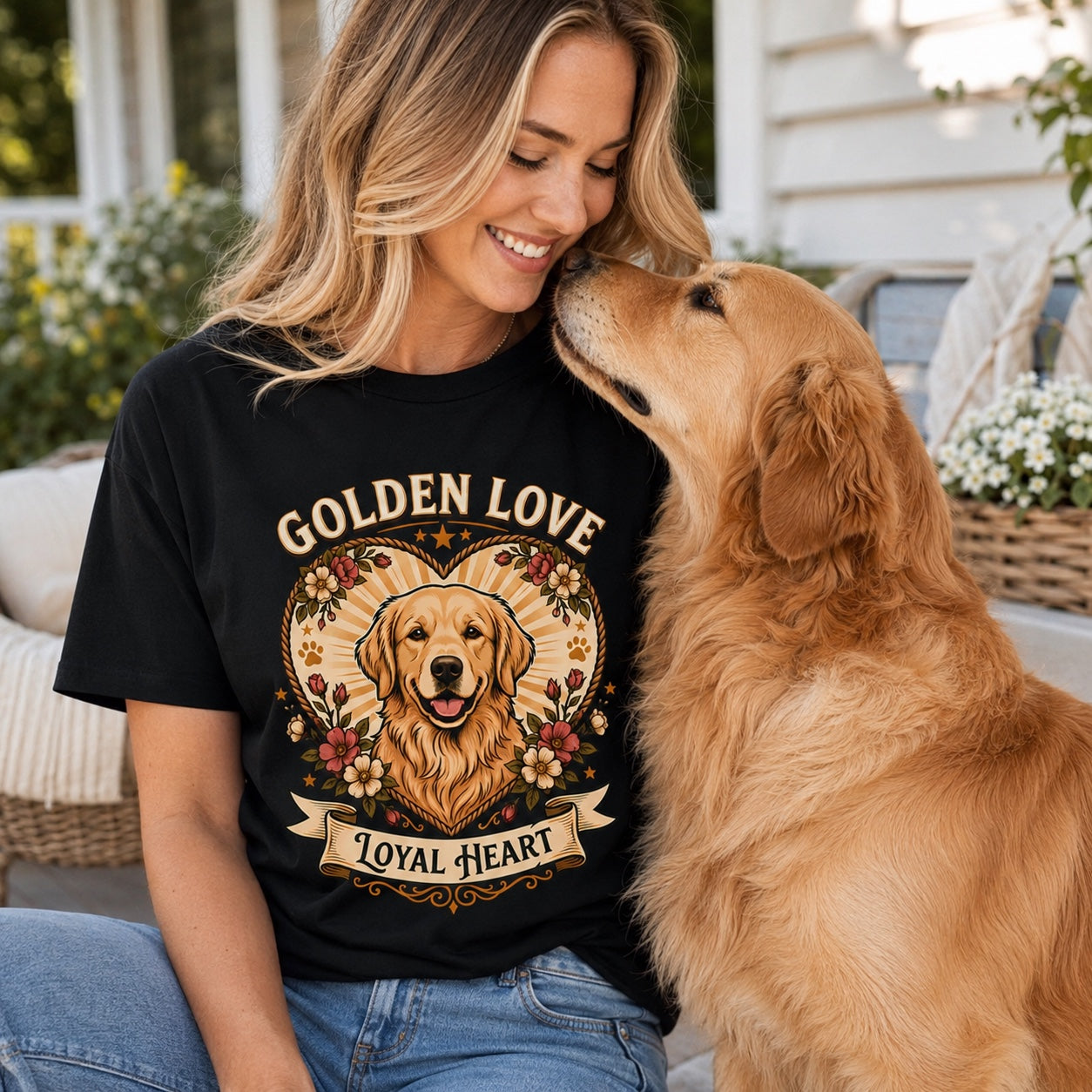 Woman walking her golden retriever through a fall forest path, wearing black loyal heart dog t-shirt