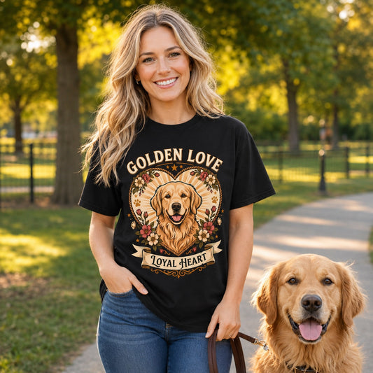 Woman wearing black 'Golden Love Loyal Heart' t-shirt walking her golden retriever in a park