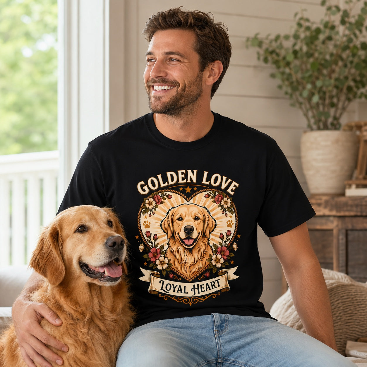 Woman sitting on porch steps with her golden retriever, wearing black 'Golden Love Loyal Heart' t-shirt