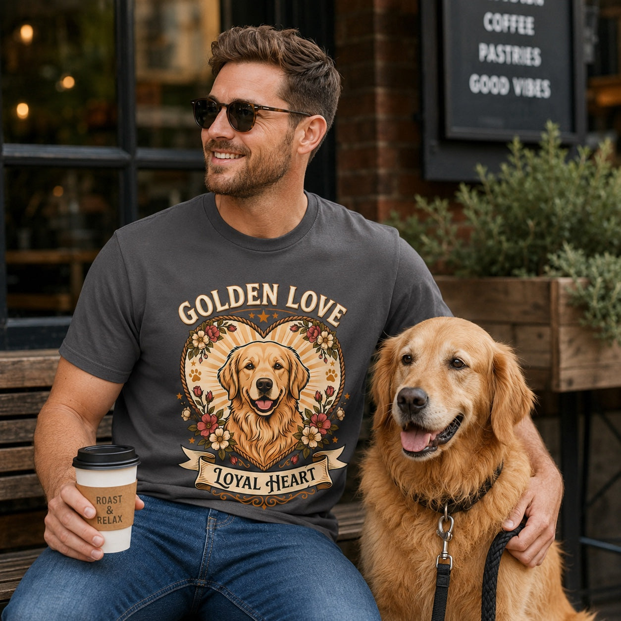Man sitting outside a coffee shop holding coffee with his golden retriever, wearing graphite loyal heart dog t-shirt
