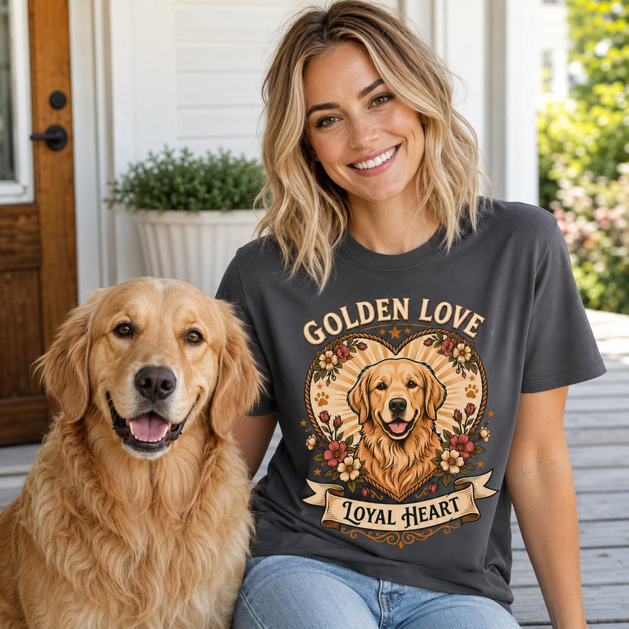 Man walking his golden retriever on an outdoor park path, wearing graphite 'Golden Love Loyal Heart' t-shirt
