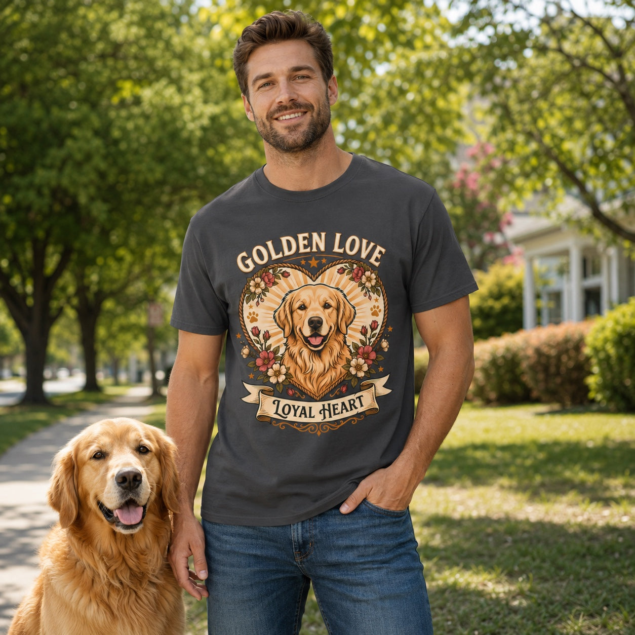 Man standing in a park with his golden retriever, wearing graphite 'Golden Love Loyal Heart' t-shirt