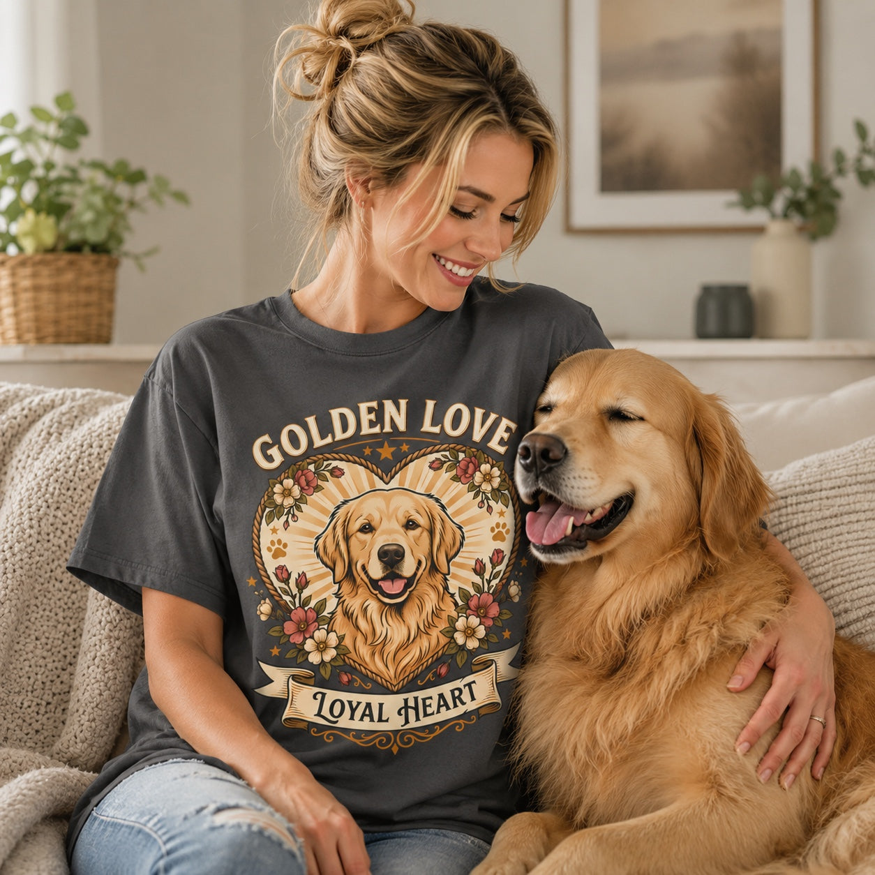 Woman relaxing on a couch with her golden retriever, wearing graphite loyal heart dog t-shirt
