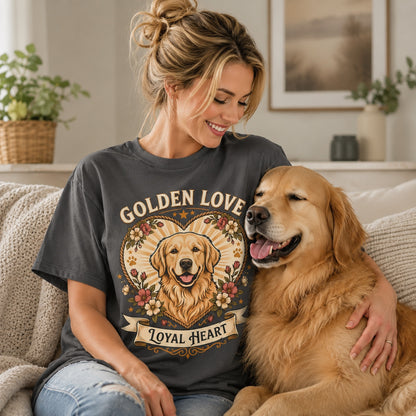Woman relaxing on a couch with her golden retriever, wearing graphite loyal heart dog t-shirt