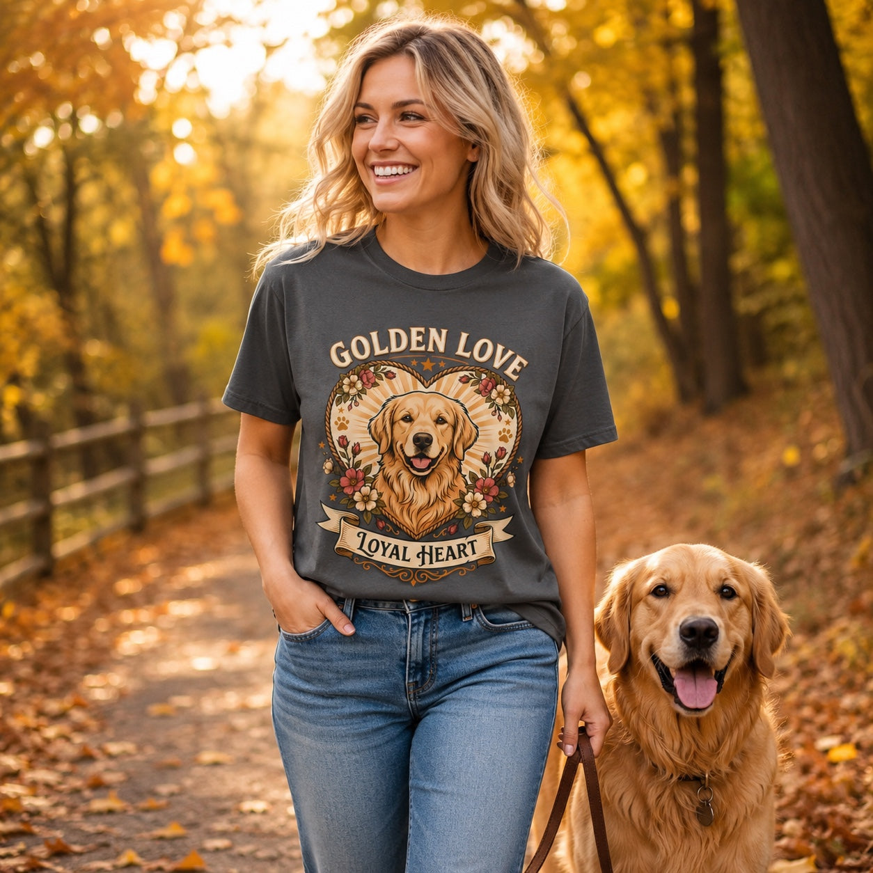 Woman sitting on a couch with her golden retriever, wearing graphite loyal heart dog t-shirt