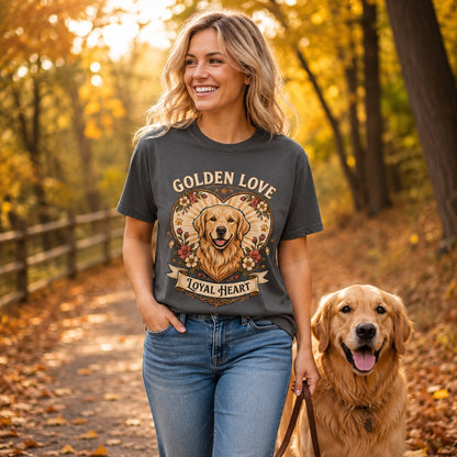 Woman sitting on a couch with her golden retriever, wearing graphite loyal heart dog t-shirt