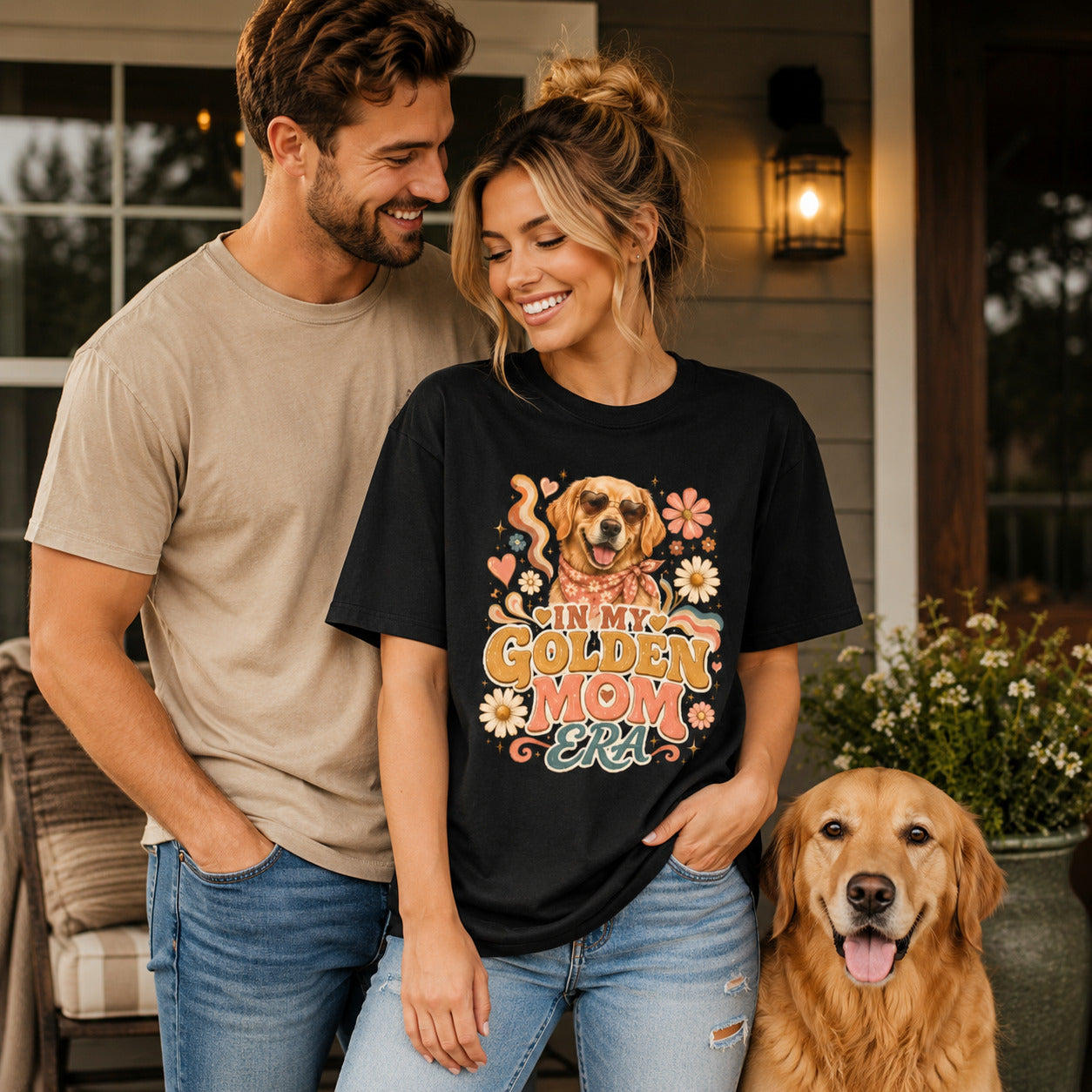 Couple standing together with their golden retriever, wearing black 'In My Golden Mom Era' retro floral t-shirts