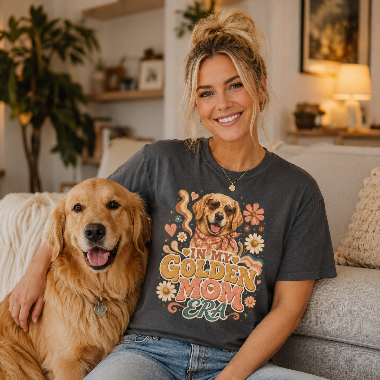 Woman sitting on a couch with her golden retriever, wearing graphite 'In My Golden Mom Era' retro floral t-shirt