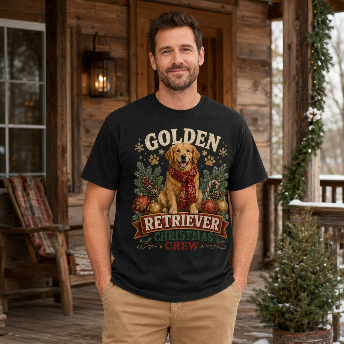 Black Golden Retriever Christmas Crew t-shirt styled on a cabin porch