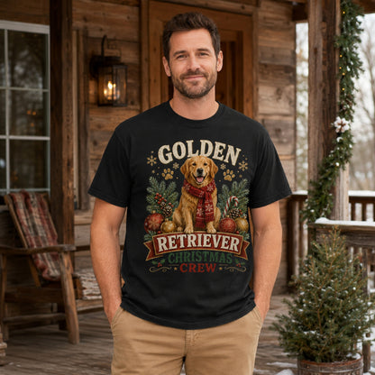 Black Golden Retriever Christmas Crew t-shirt styled on a cabin porch