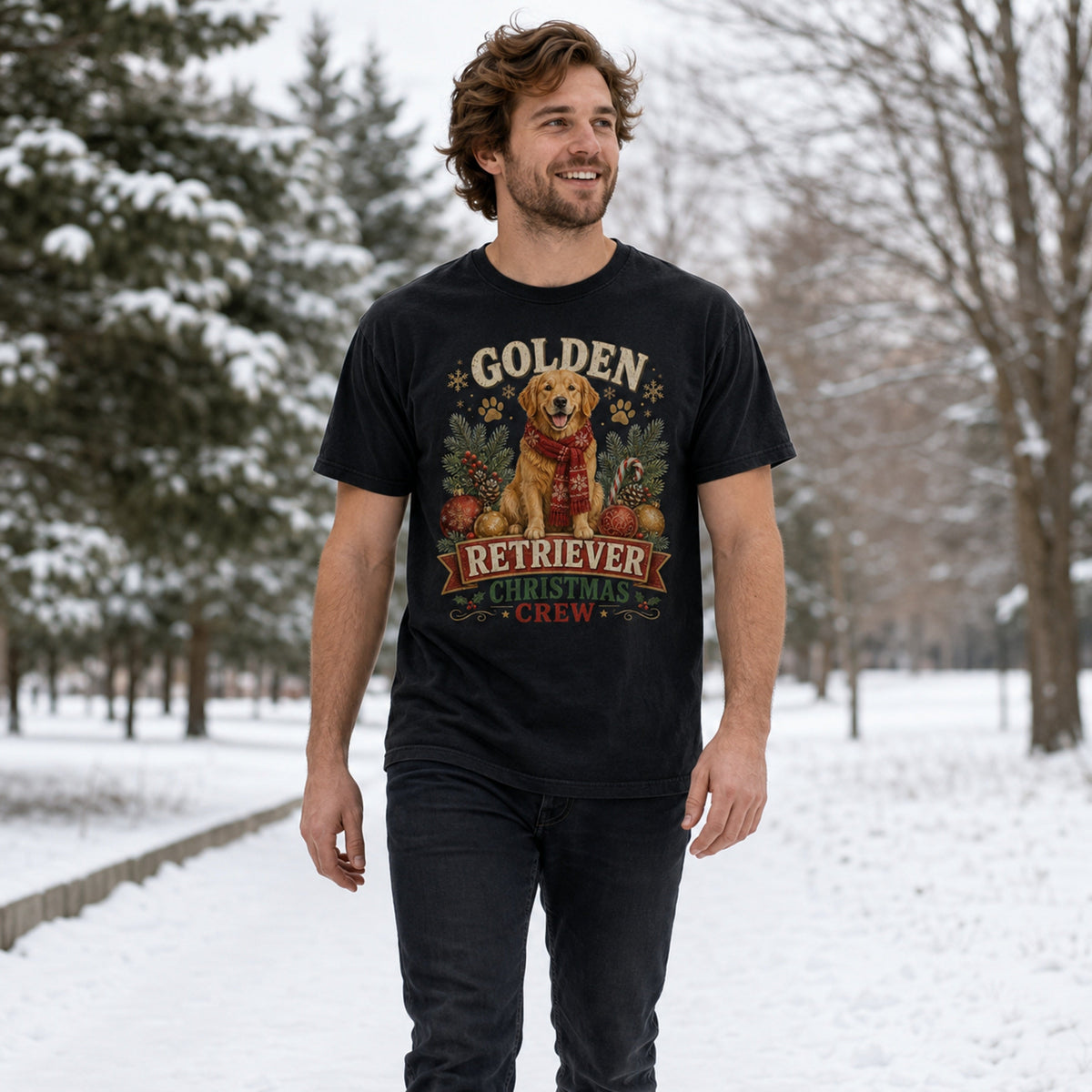 Black Golden Retriever Christmas Crew t-shirt styled in a snowy park