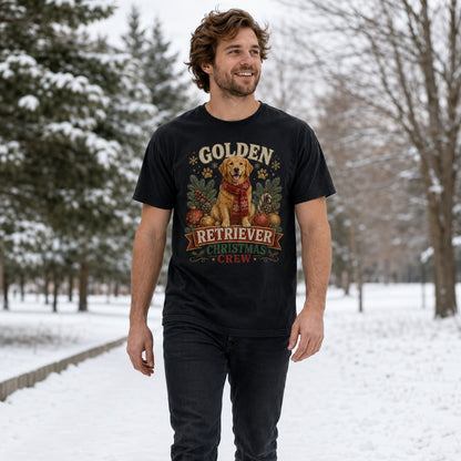 Black Golden Retriever Christmas Crew t-shirt styled in a snowy park